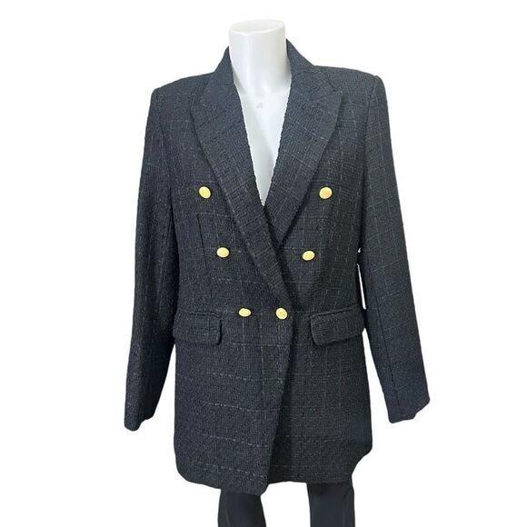 JASON WU Black Tweed Double-Breasted Blazer‎ Jacket Chunky Gold Buttons sz M NEW
